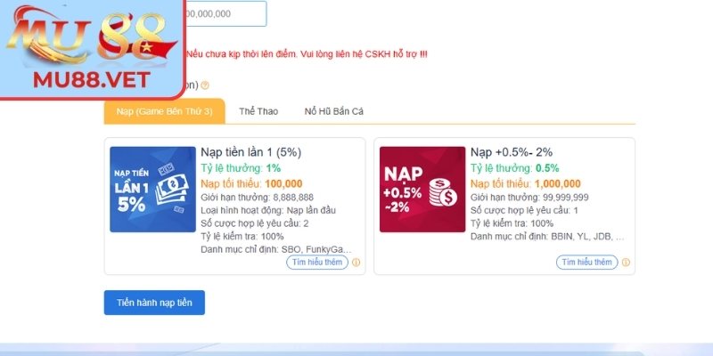Lưu ý khi nạp rút tiền Mu88