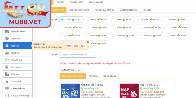 Quy trình nạp tiền tại Mu88
